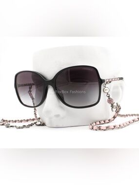CHANEL Black Oversized Sunglasses with Pink Chain and Charms